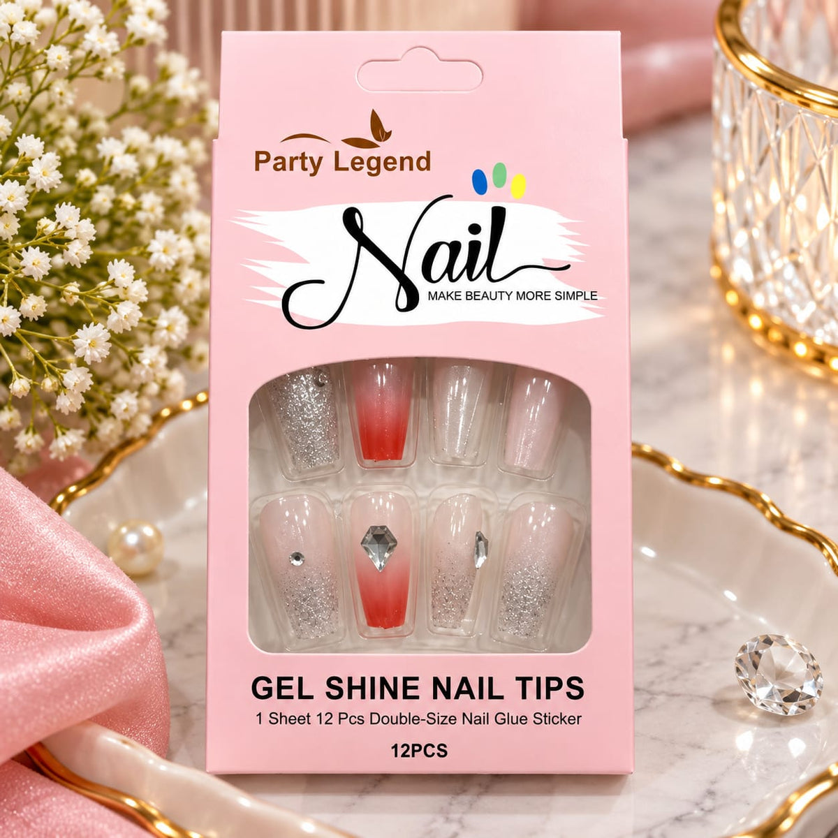 Red Ombre Silver Glitter Press-On Nail Set