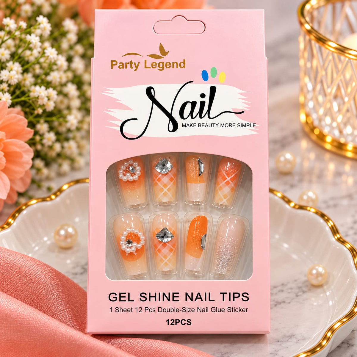 Orange Pearl Crystal Press-On Nail Set