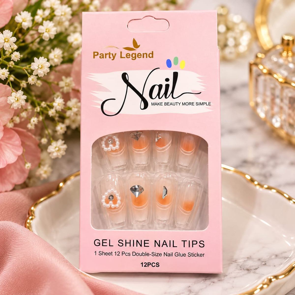 Peach Pearl & Crystal Press-On Nail Set