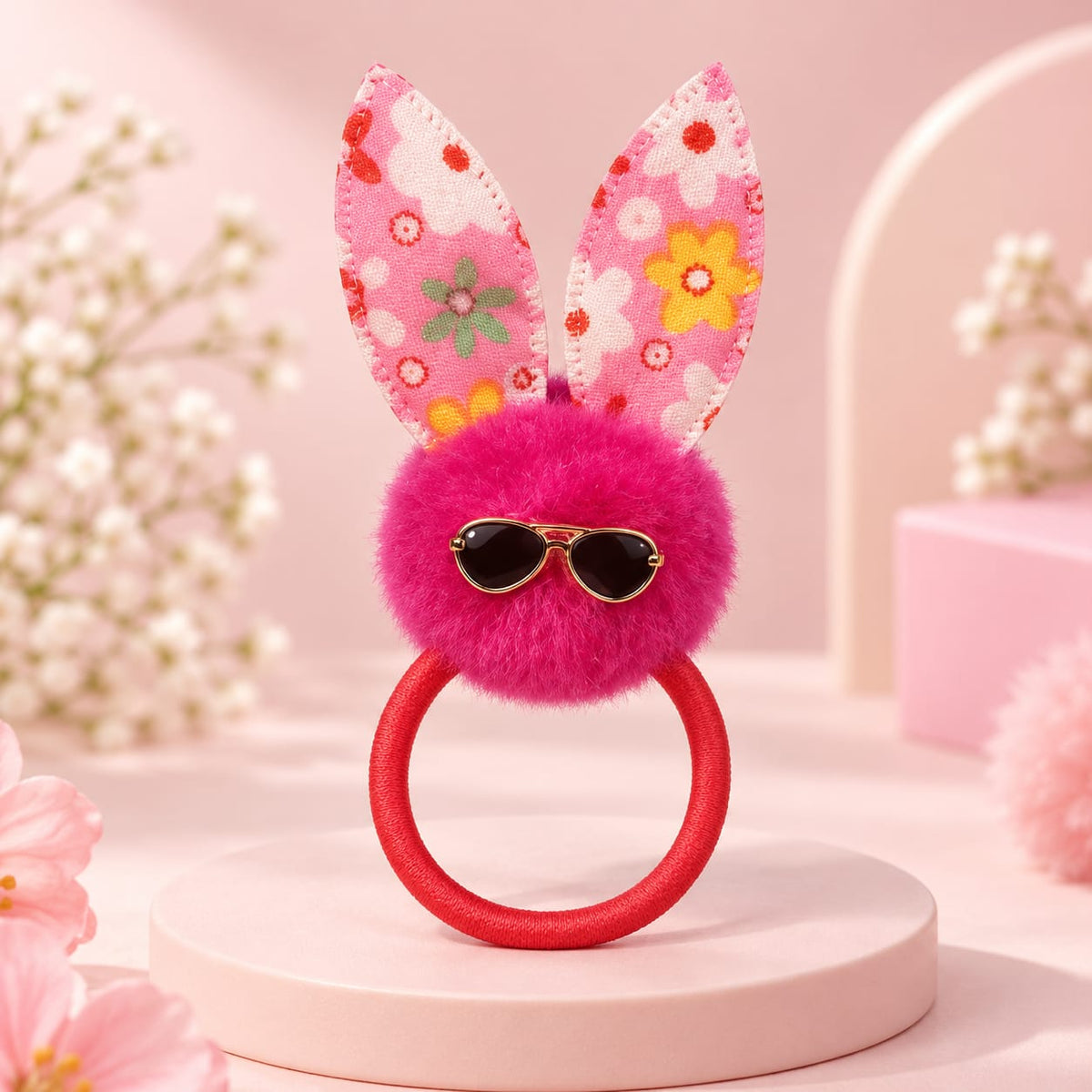 Cute Dark Pink Bunny Pom-Pom Hair Pony with Sunglasses