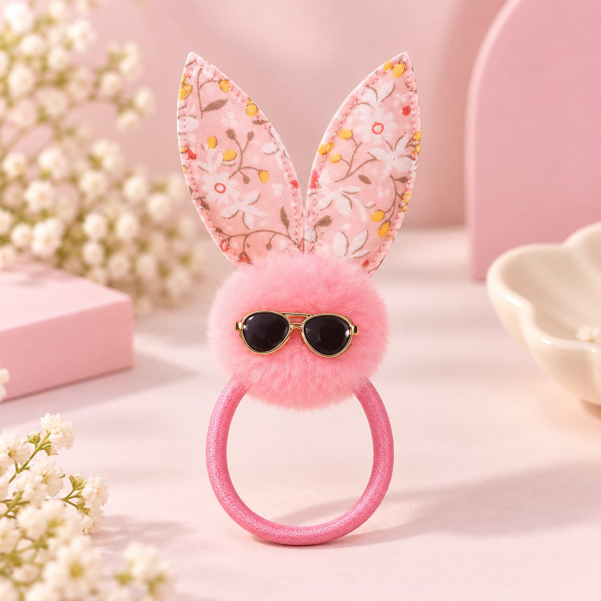Cute Pink Bunny Pom-Pom Hair Pony with Sunglasses