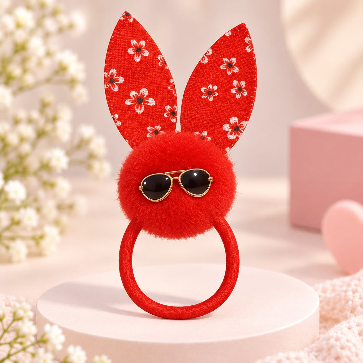 Cute Red Bunny Pom-Pom Hair Pony with Sunglasses