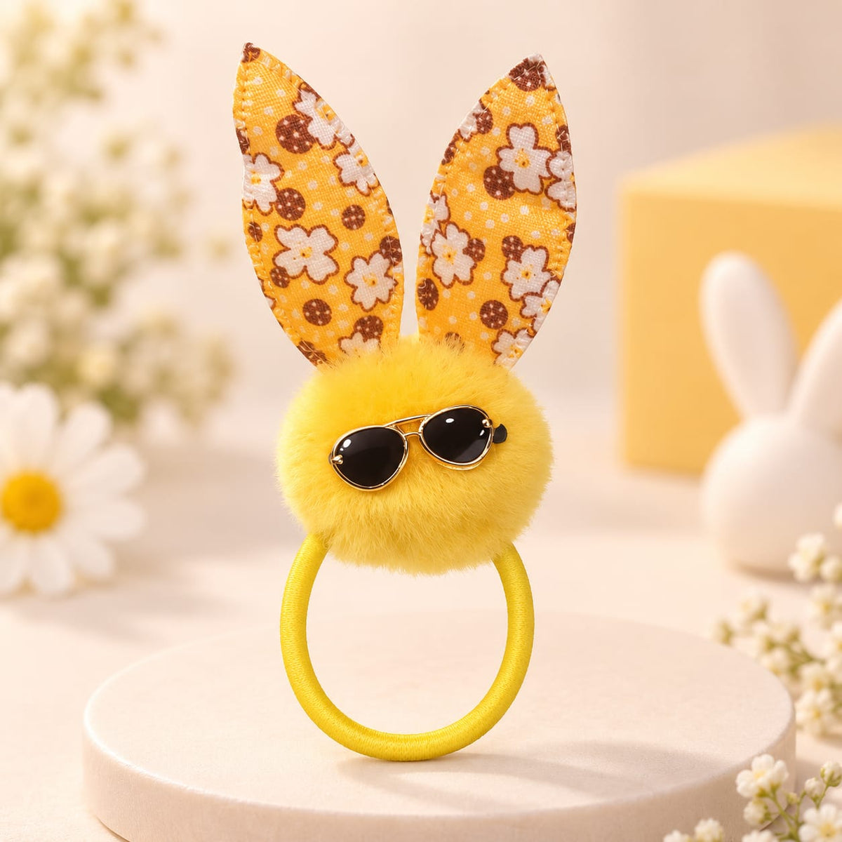 Cute Yellow Bunny Pom-Pom Hair Pony with Sunglasses