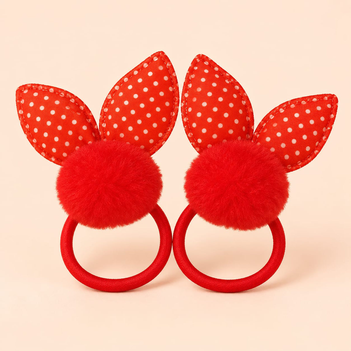 Red Polka Dot Bunny Pom-Pom Hair Tie Pair