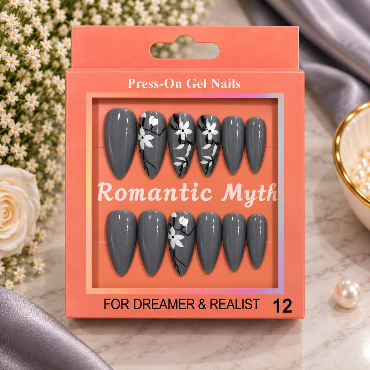 Charcoal Grey Floral Press-On Gel Nail Set