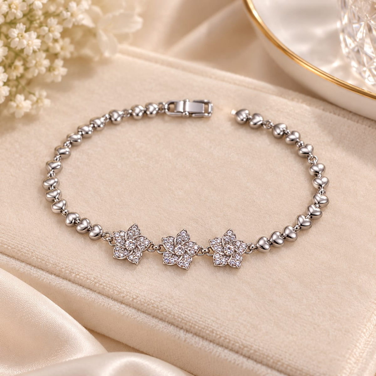 Silver Crystal Flower Bracelet