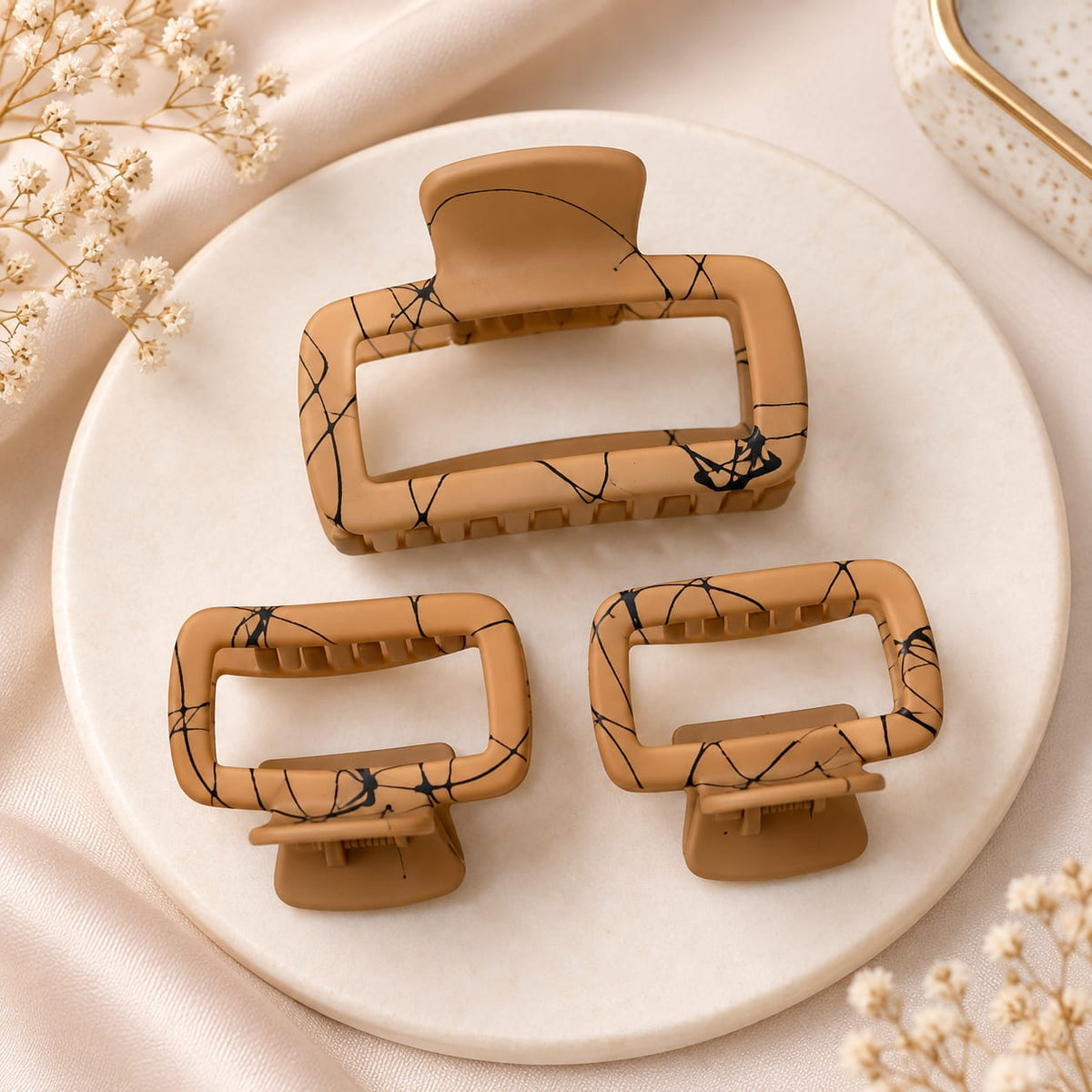 Caramel Brown Marble Claw Clip Trio