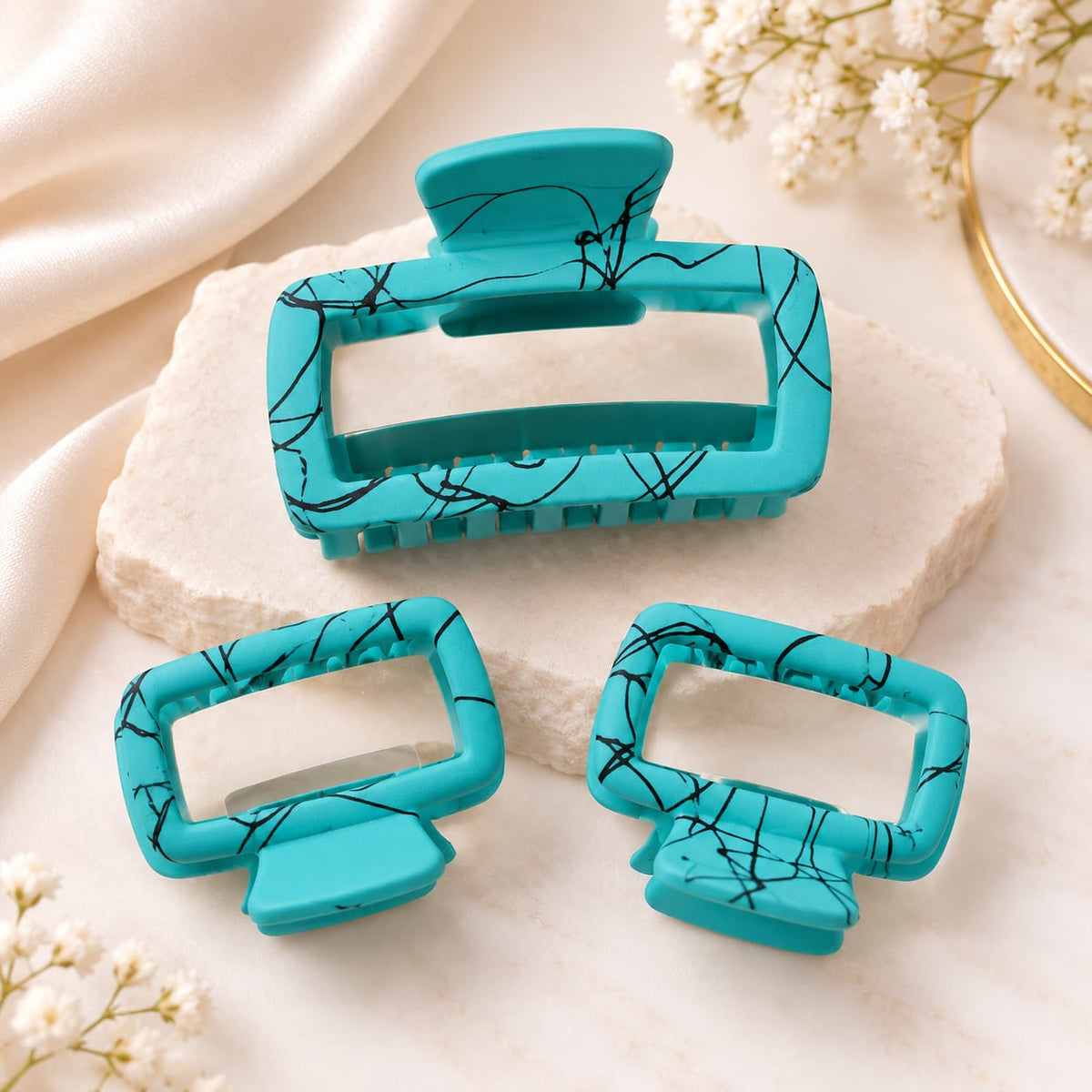 Aqua Teal Marble Claw Clip Trio