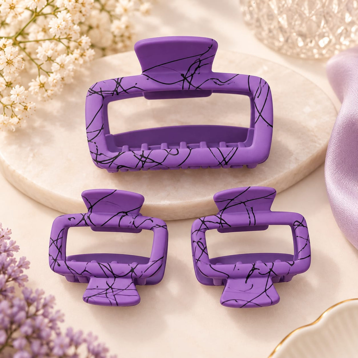 Purple Marble Claw Clip Trio