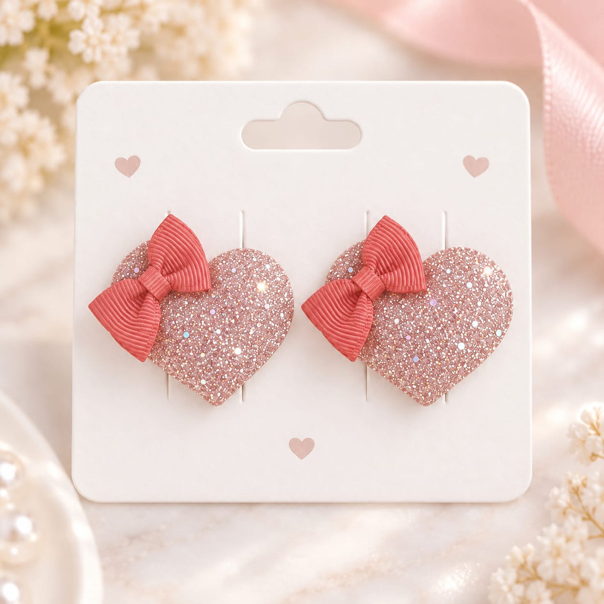 Burgundy Glitter Heart Bow Hair Pins – Pair