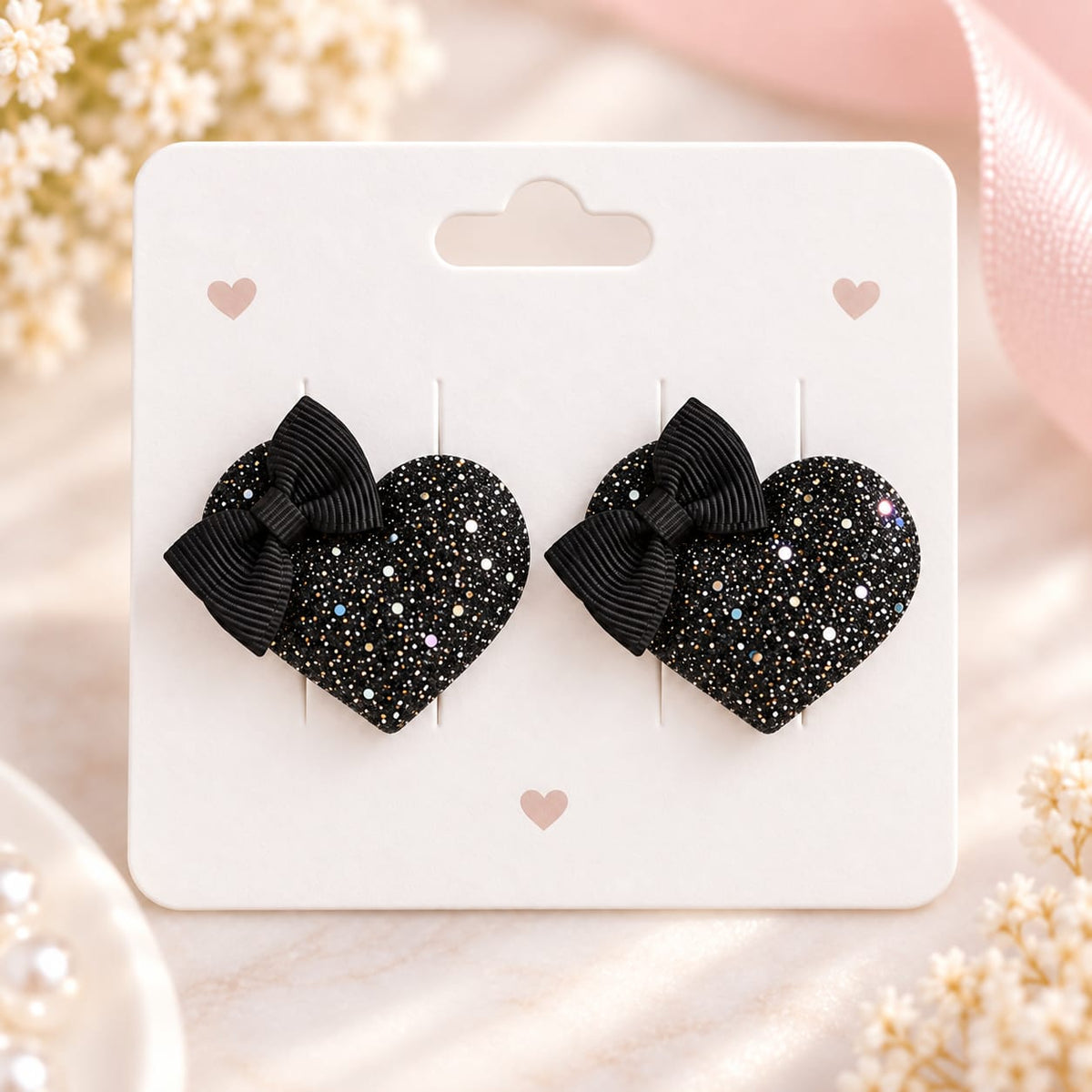 Black Glitter Heart Bow Hair Pins – Pair