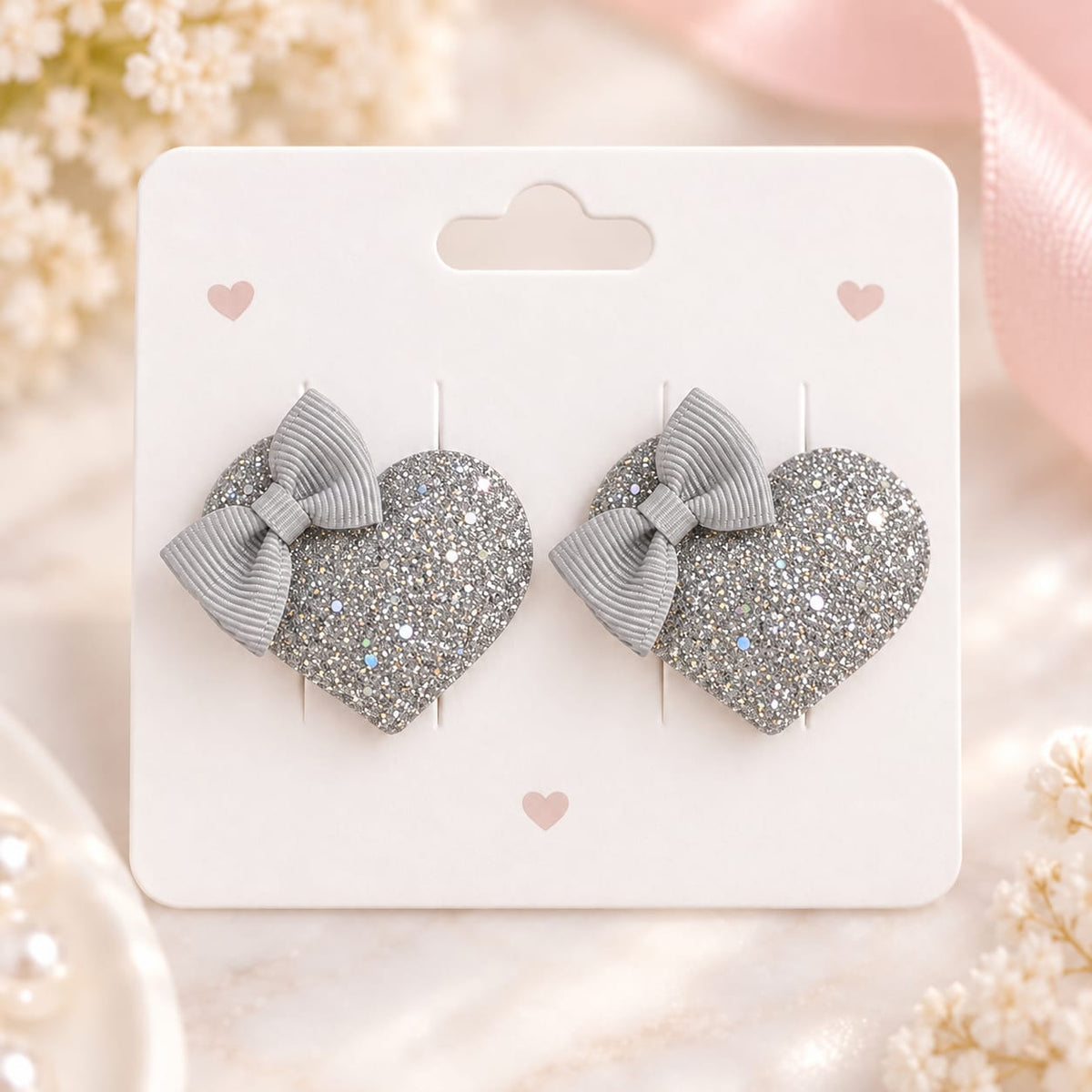 Silver Grey Glitter Heart Bow Hair Pins – Pair