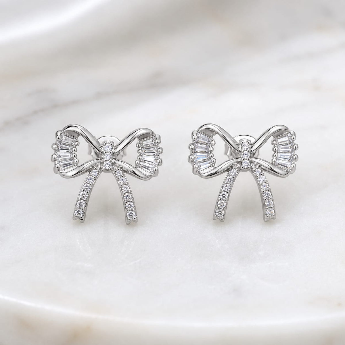Silver Bow Sparkle Stud Earrings