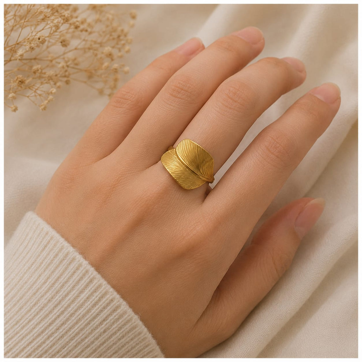 Adjustable Stainless Steel Golden Leaf Ring