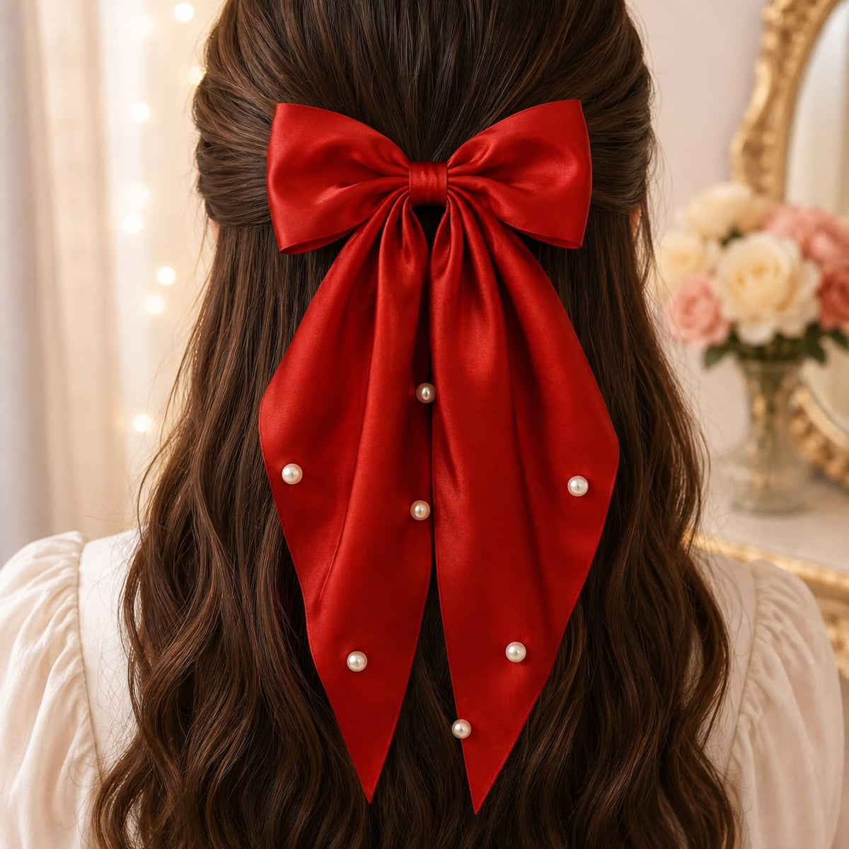 Red Pearl Satin Bow Hair Clip
