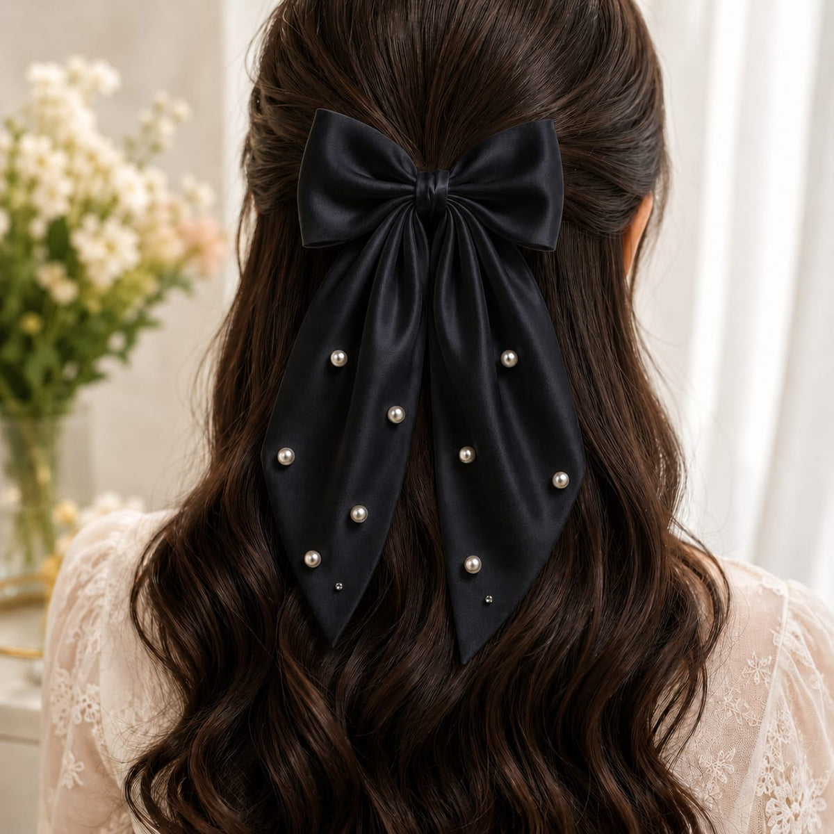 Eplegant Black Pearl Bow Hair Clip