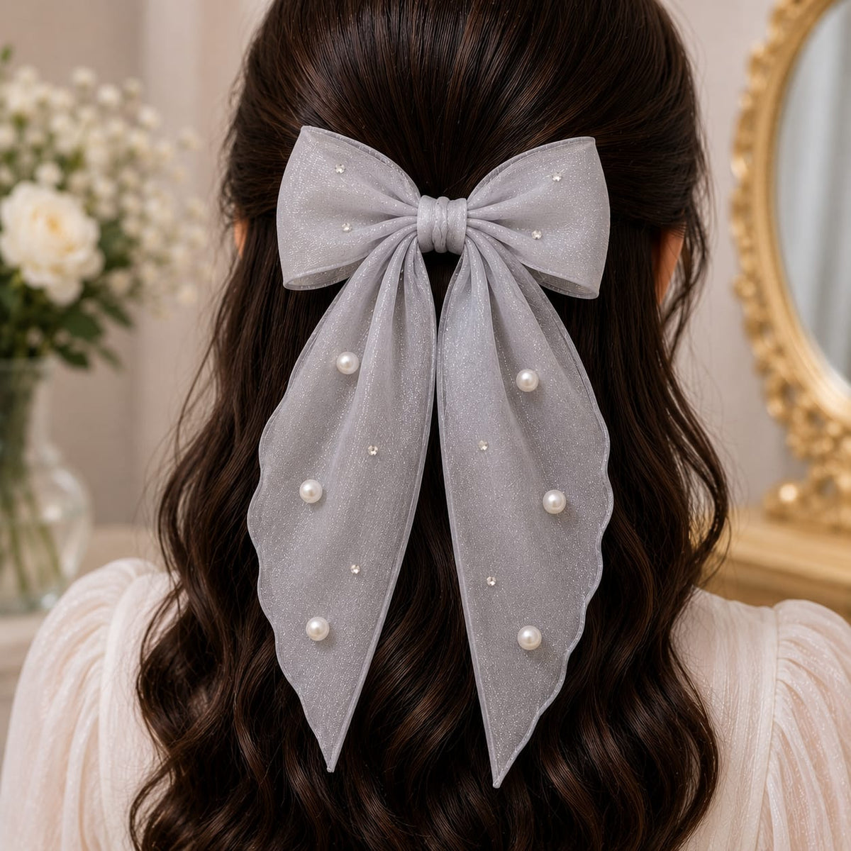 Pastel Grey Pearl Organza Bow Hair Clip