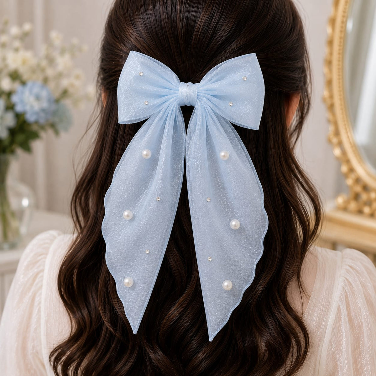 Pastel Blue Pearl Organza Bow Hair Clip