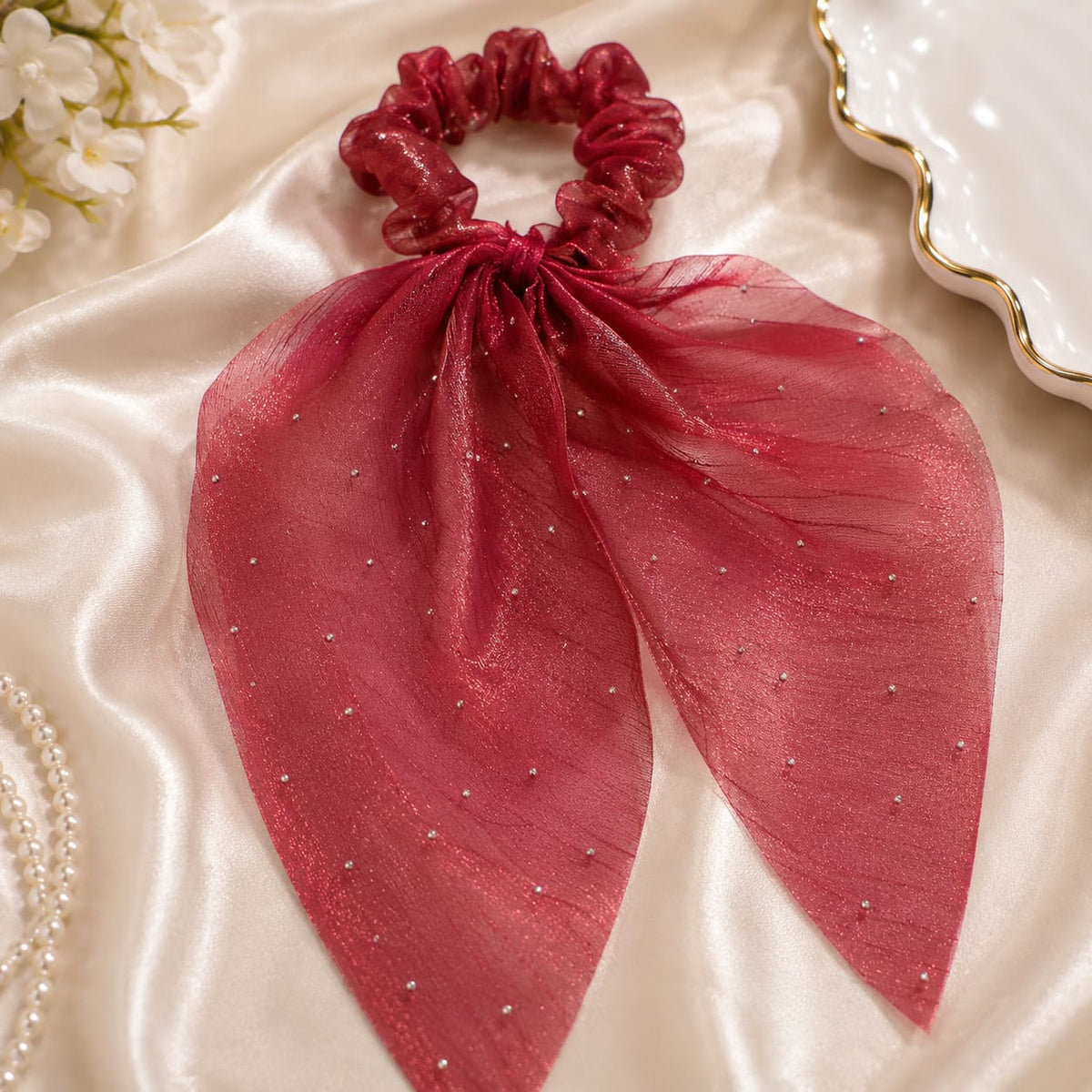 ;Ruby Shimmer Bow Scrunchie