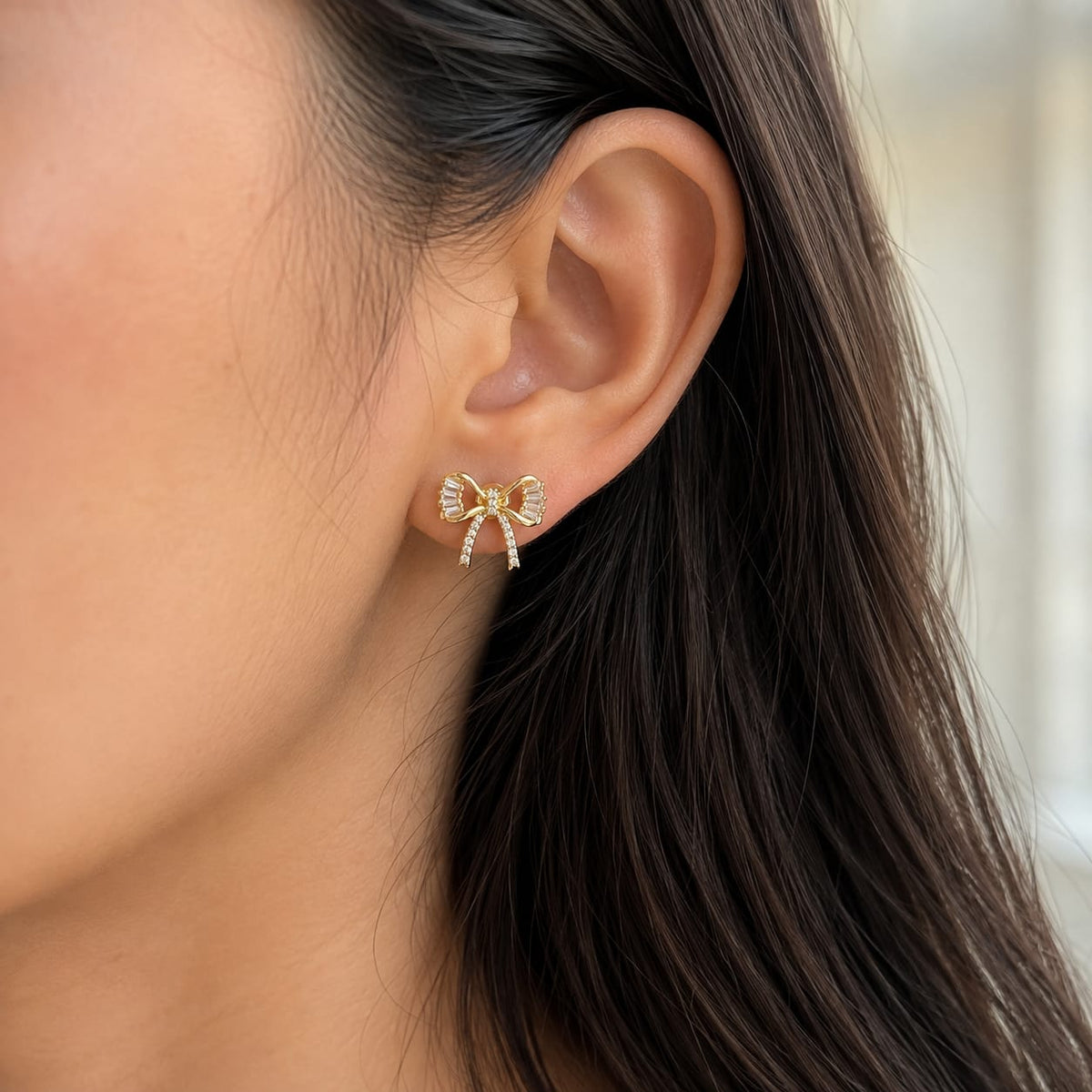 Golden Bow Sparkle Stud Earrings