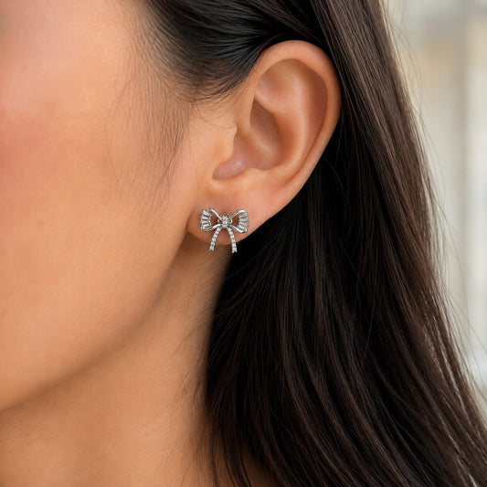 Silver Bow Sparkle Stud Earrings
