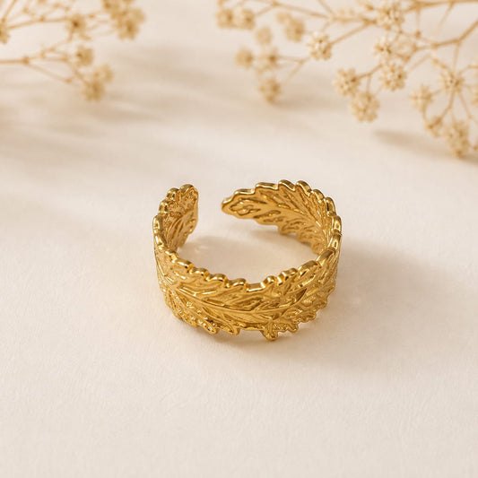 Adjustable Stainless Steel Golden Leaf Ring – Elegant Statement Jewelry
