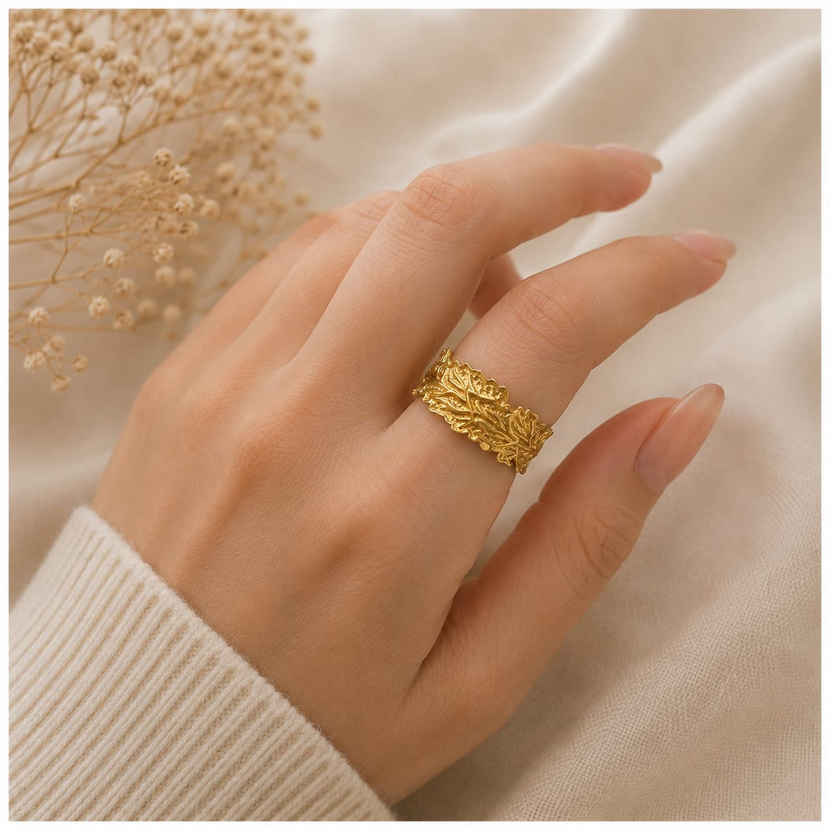 Adjustable Stainless Steel Golden Leaf Ring – Elegant Statement Jewelry