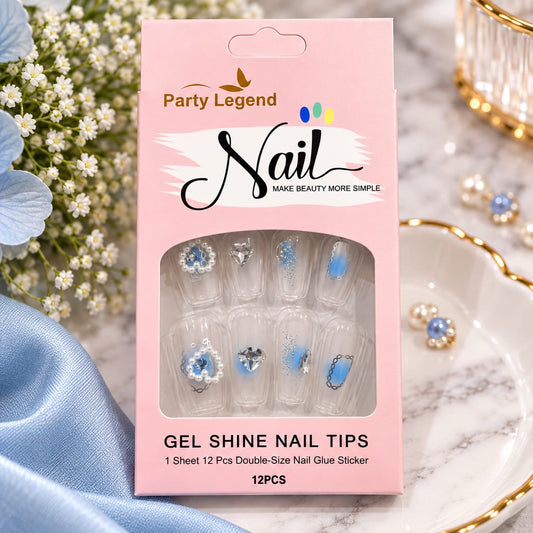 Blue Pearl & Crystal Press-On Nail Set