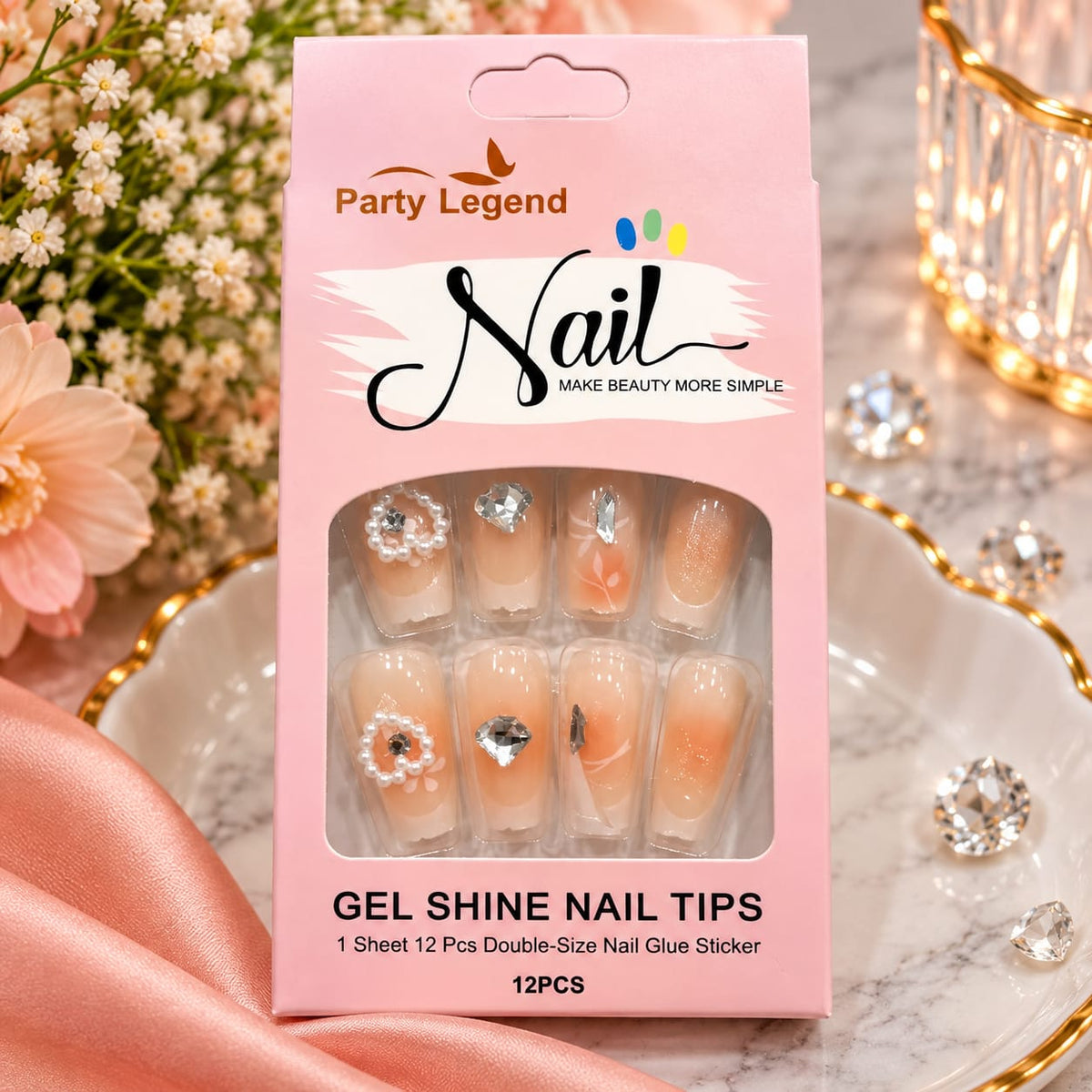 Peach Pearl Crystal Press-On Nail Set
