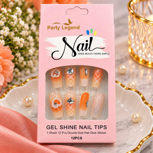 Orange Pearl Crystal Press-On Nail Set