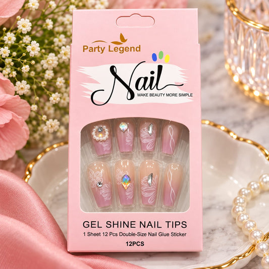 Pink Floral Crystal Press-On Nail Set