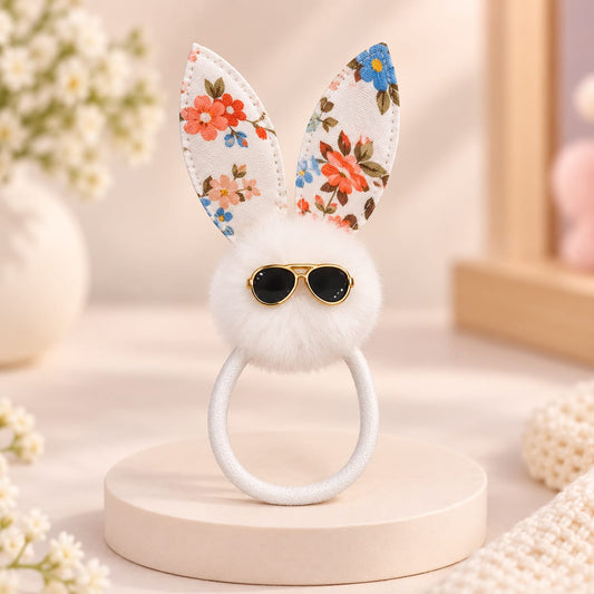 Cute White Bunny Pom-Pom Hair Pony with Sunglasses