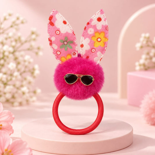 Cute Dark Pink Bunny Pom-Pom Hair Pony with Sunglasses
