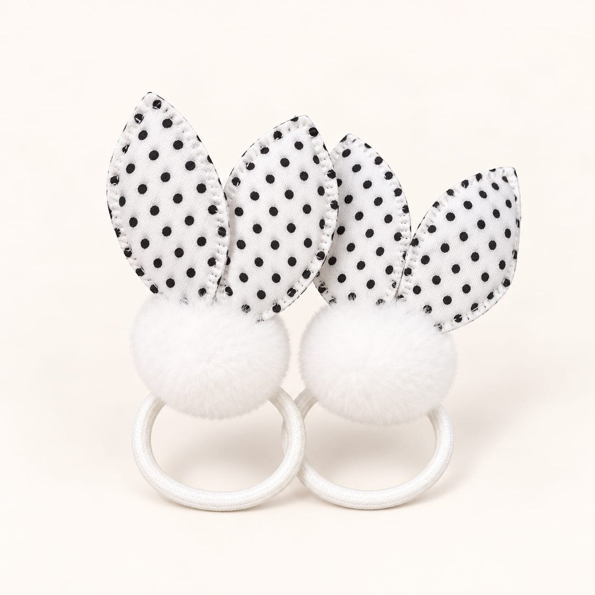 Black &White Polka Dot Bunny Pom-Pom Hair Tie Pair