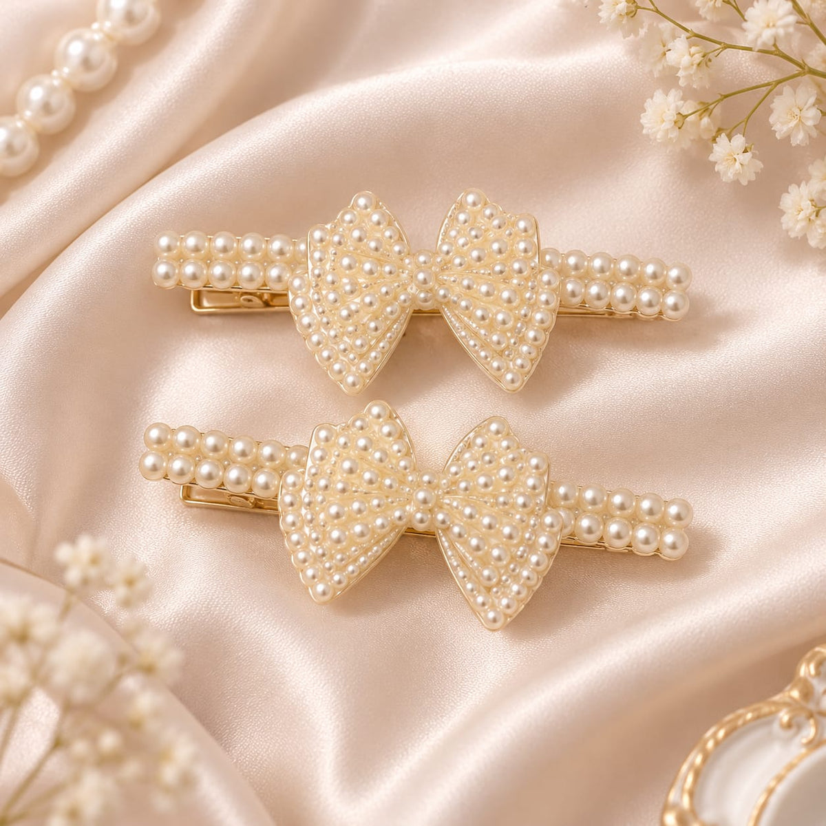 Classic Pearl Bow Hair Clip Pair