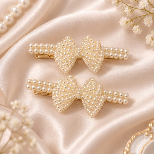 Classic Pearl Bow Hair Clip Pair