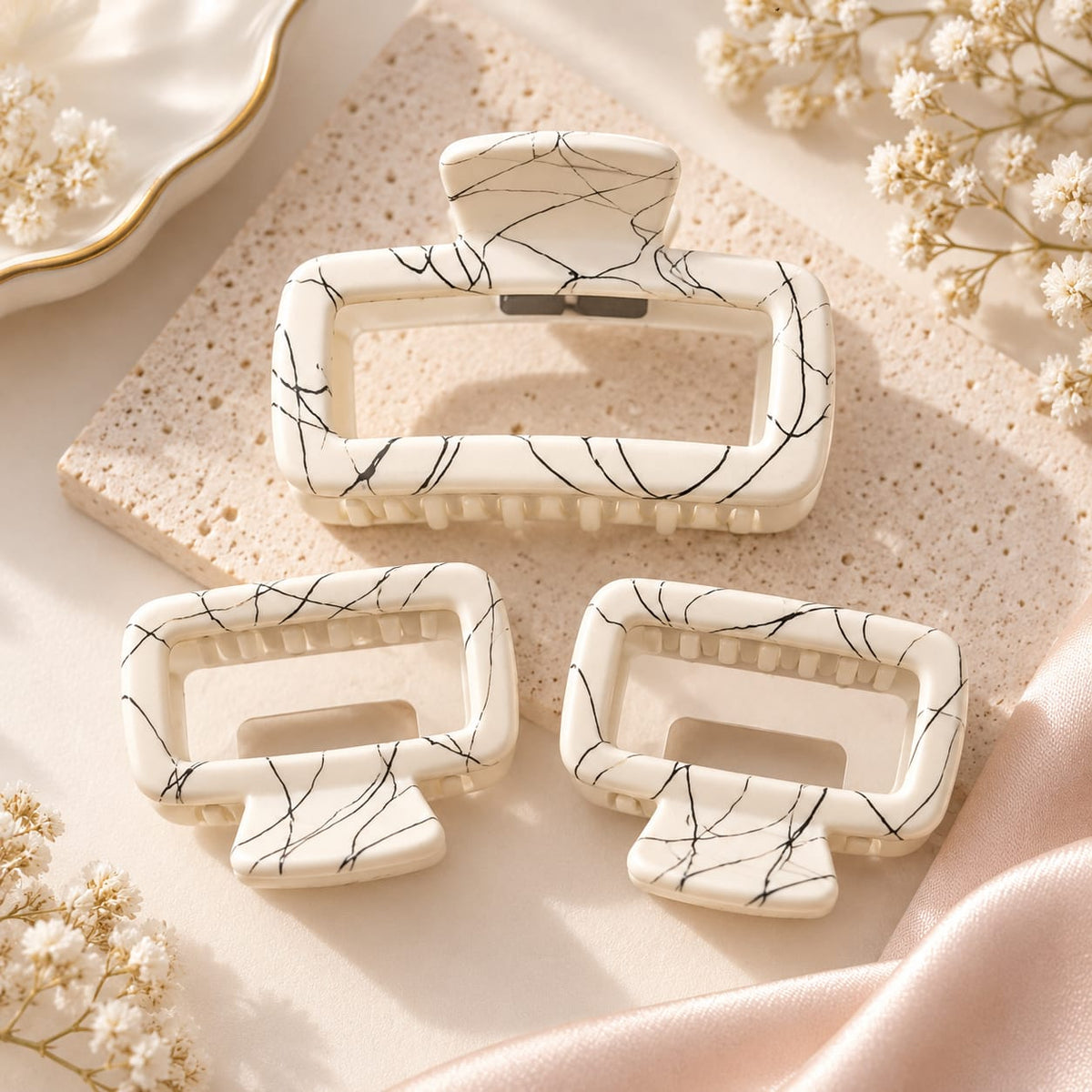 Ivory White Marble Claw Clip Trio