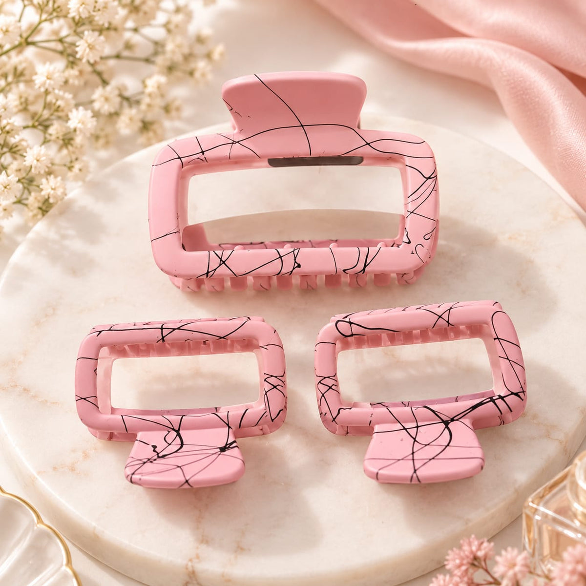 Soft Pink Marble Claw Clip Trio