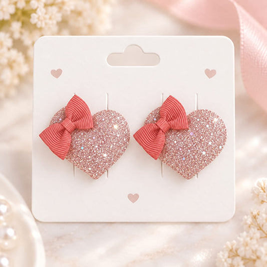 Peach Glitter Heart Bow Hair Pins – Pair