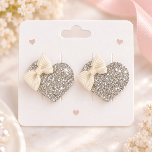 Ivory Glitter Heart Bow Hair Pins – Pair