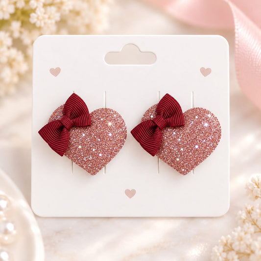 Hot Pink Glitter Heart Bow Hair Pins – Pair