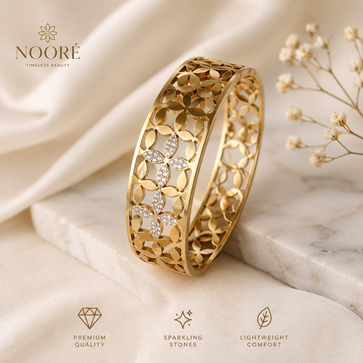 Golden Floral Elegance Stainless Steel Bangle