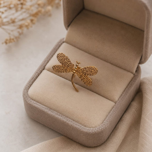 Adjustable Stainless Steel Dragonfly Ring – Elegant Gold Finish