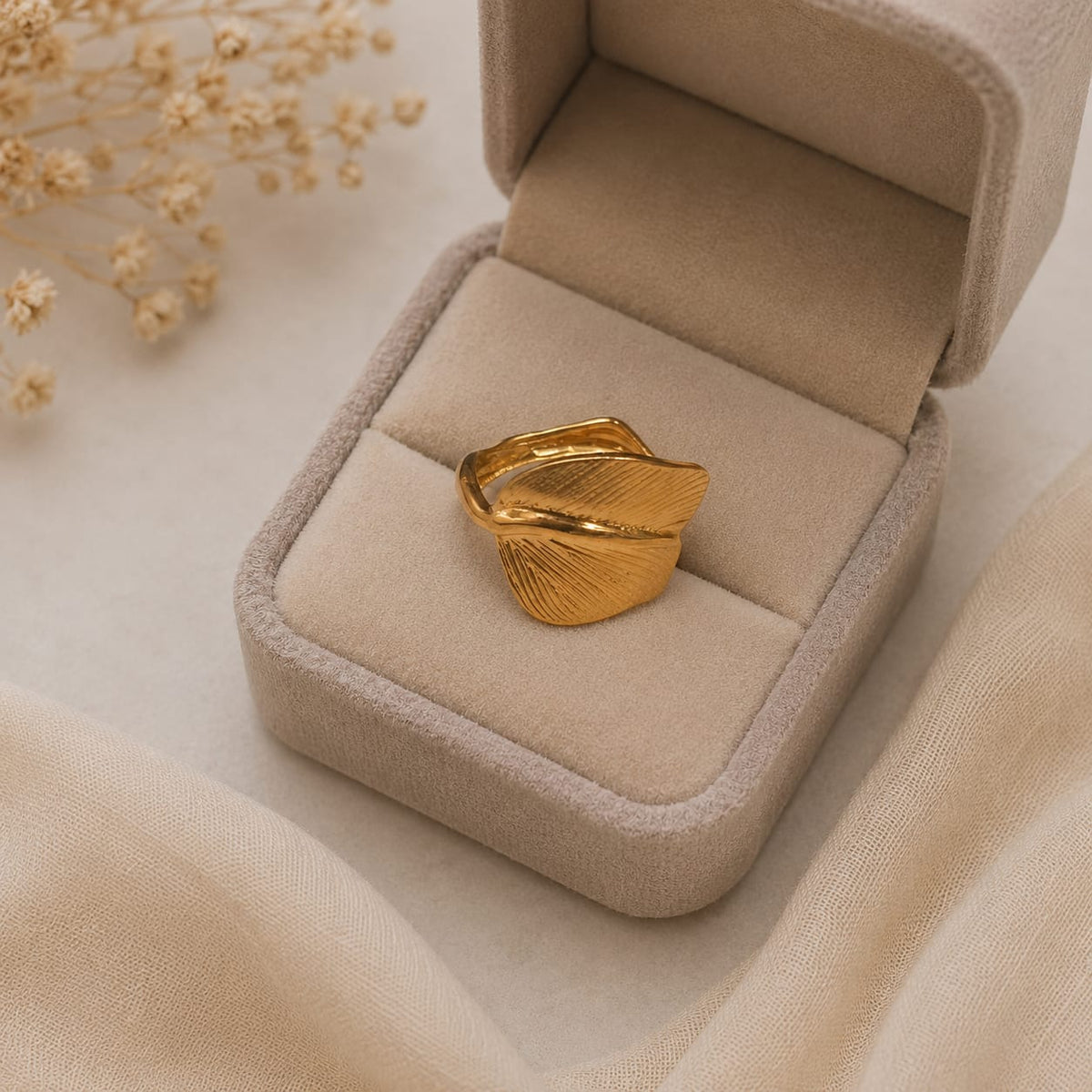 Adjustable Stainless Steel Golden Leaf Ring