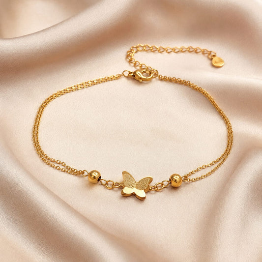 Stainless Steel Golden Butterfly Double-Chain Bracelet