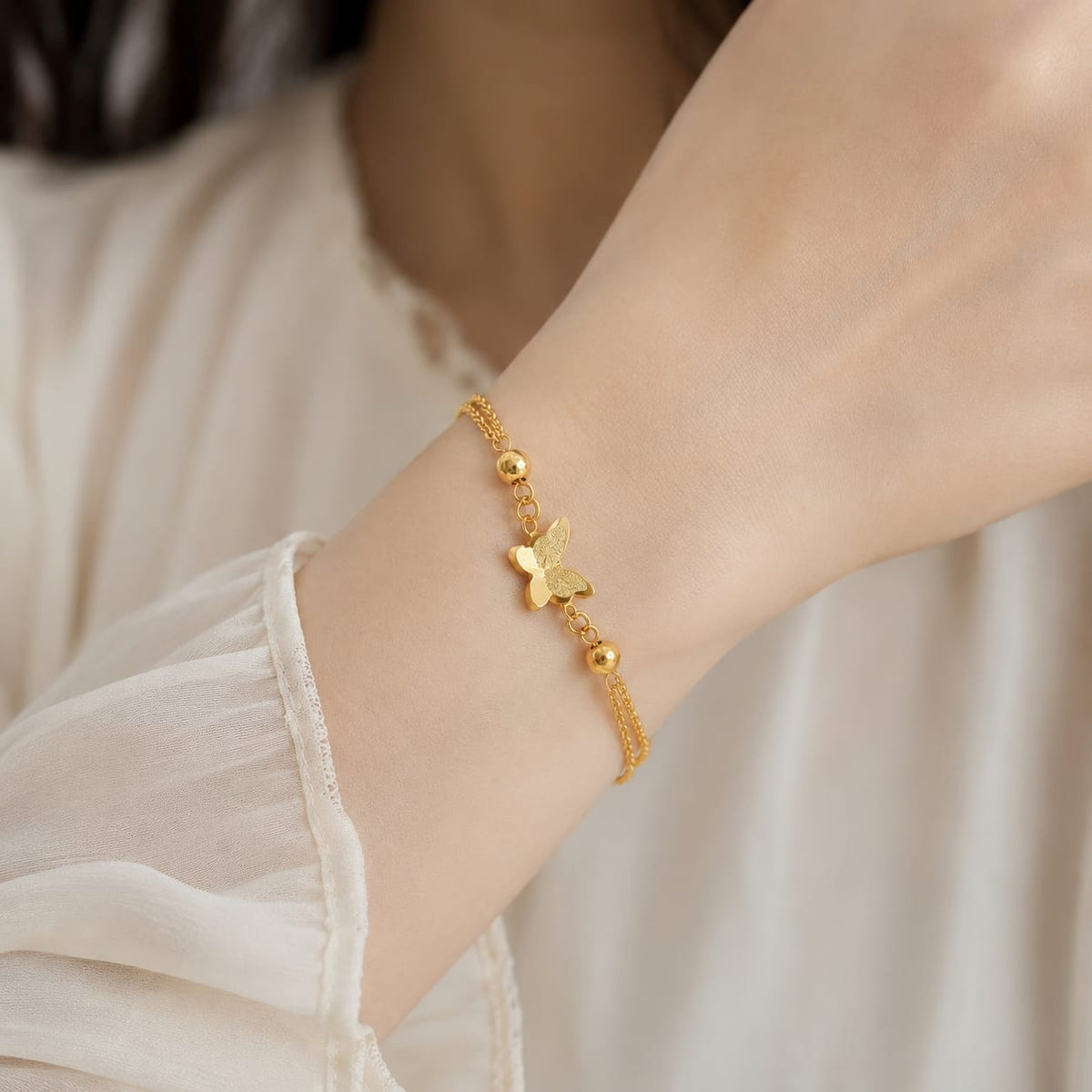 Stainless Steel Golden Butterfly Double-Chain Bracelet
