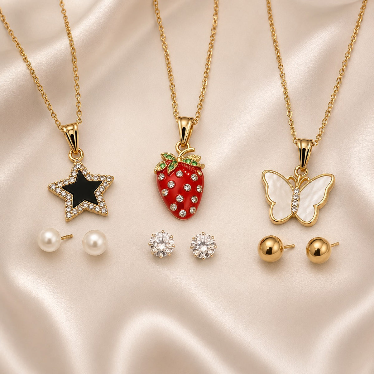 Triple Charm Pendant & Stud Set