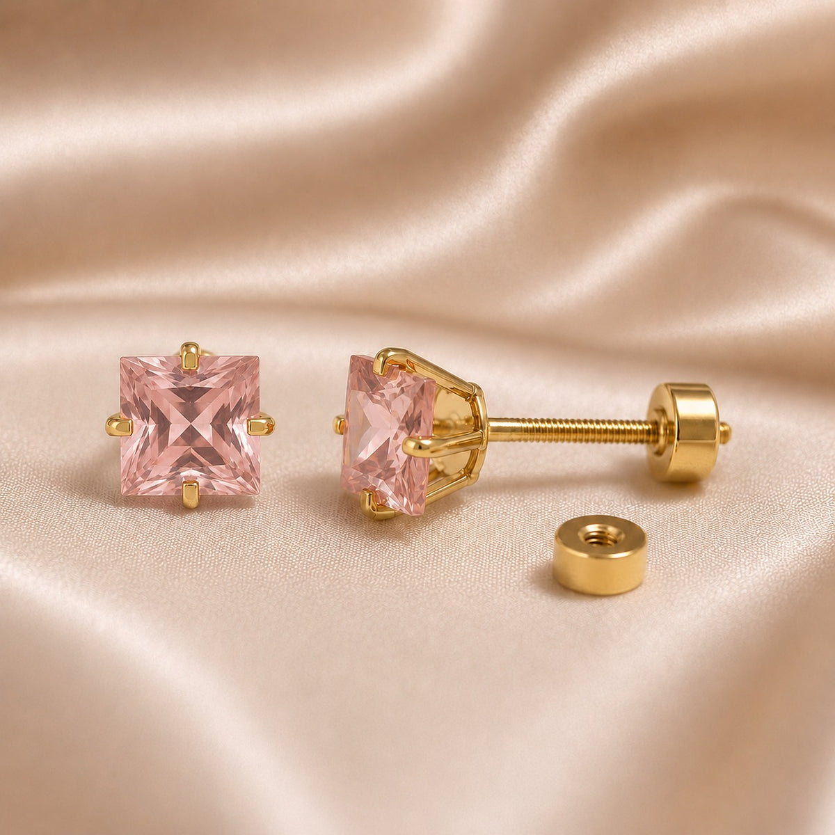 Rosy Pink Princess Cut Crystal Screw-Back Studs