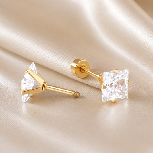 Clear Princess Cut Crystal Screw-Back Studs