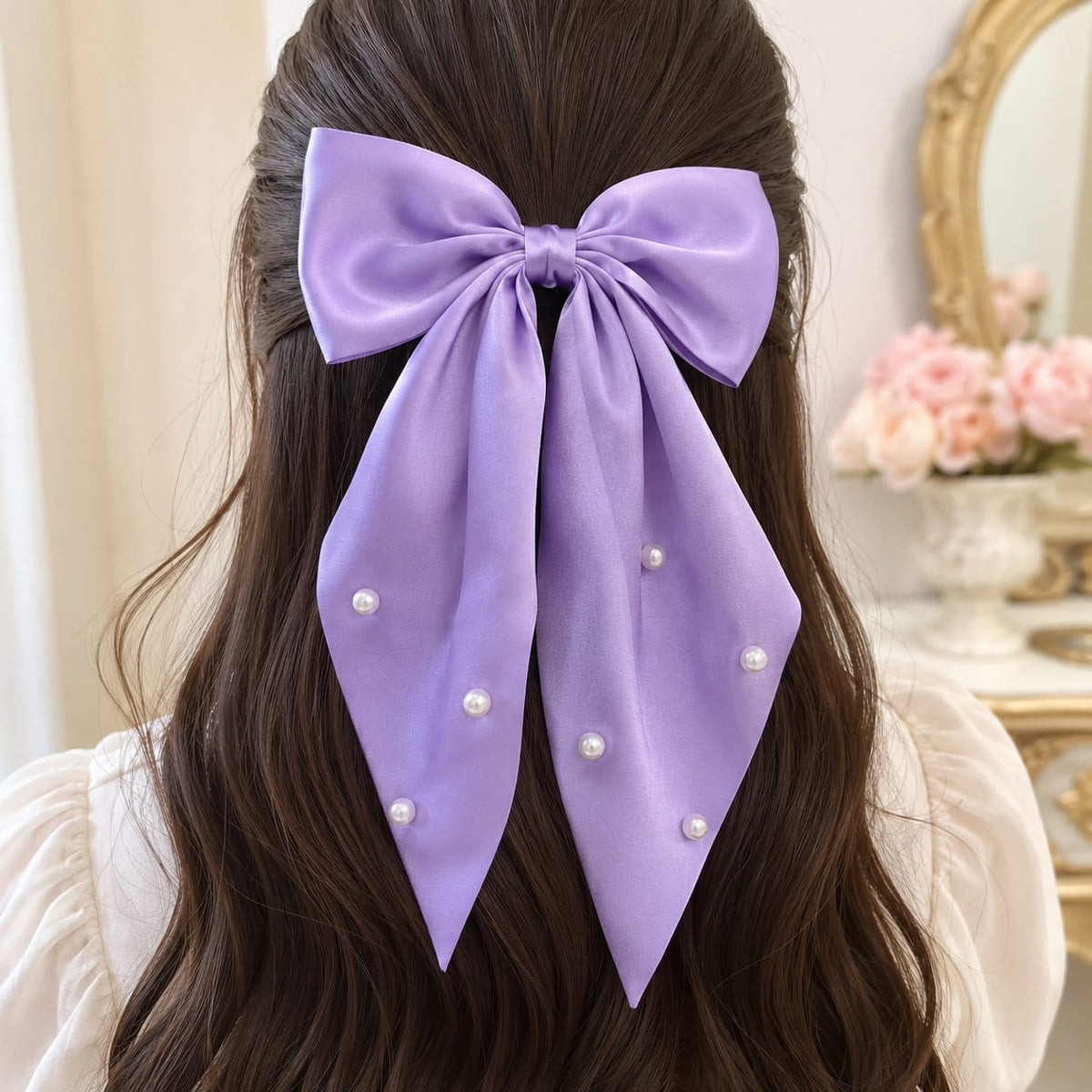 Lavender Pearl Satin Bow Hair Clip